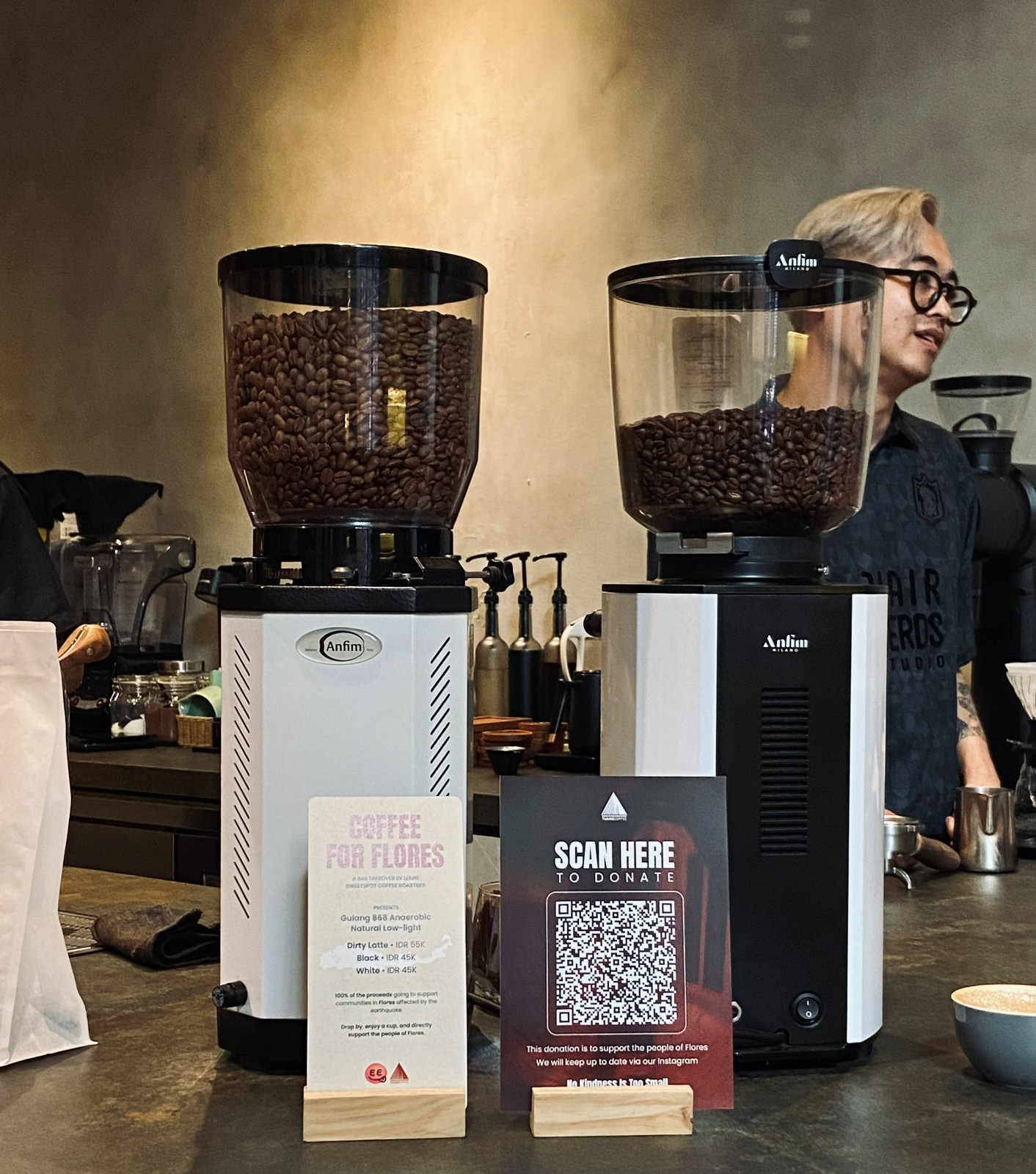 Louis from Sweetspot Coffee Roastery behind the bar during the Coffee for Flores takeover.